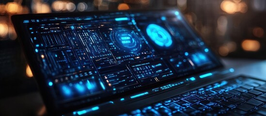 Futuristic glowing blue interface on laptop screen.