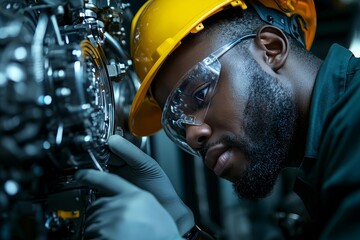 Aufkleber - In the industry, male workers and technicians, who are production engineers in safety wear, are adjusting and maintaining CNC or factory machines, while also examining and controlling industrial