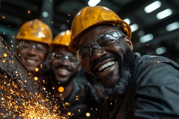 Aufkleber - At a business construction and manufacturing site, a professional industry engineer, factory foreman, and their technician team work together, all wearing safety helmets to emphasize safety and
