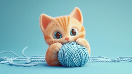 Poster - Adorable Orange Kitten Playing With Blue Yarn Ball