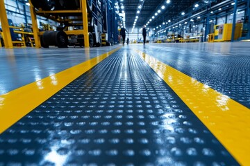 Fototapete - A modern automotive production facility, filled with advanced equipment, buzzing with activity under vibrant blue lighting.