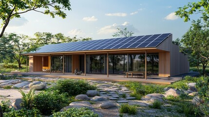 Poster - Solar panels on the rooftop, alternative electricity. Modern eco-friendly passive house with landscaped yard. Modern passive house with solar panels.