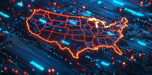 Poster - An electronic vote, information exchange and telecommunications in the USA, a digital map, the concept of global networks and connectivity of the USA, and data transfer and cyber technology