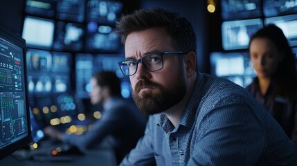 Leinwandbilder - A Computer Systems Analyst participates in a team meeting and proposes solutions for improving overall efficiency. Stock photo.