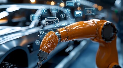 Poster - Digitalization in car factories features automated robot arms on assembly lines building high-tech green energy electric vehicles, with AI and computer vision conducting analysis and scans.