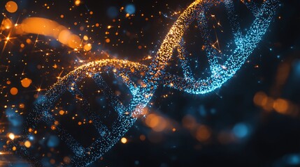 Leinwandbilder - DNA genetic biotechnology wallpaper with blue background highlighting chromosome structure, nano code, and modern wireframe paintings.