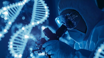 Aufkleber - Research and development concept scientist or researcher using microscopes in biotechnology lab overlay with DNA strands and molecules