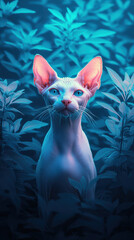 Canvas Print - Sphynx cat with striking blue eyes surrounded by lush foliage in neon aesthetic. vibrant colors create captivating and serene atmosphere, highlighting unique features of cat