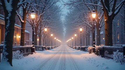 Wall Mural - Snowy city street illuminated by glowing lanterns on a winter night