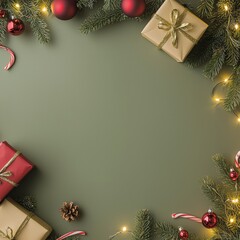 Leinwandbilder - An elegant Christmas garland with gift boxes and copy space on a green background. A greeting card design rendered in 3D. Illustration created in 3D.
