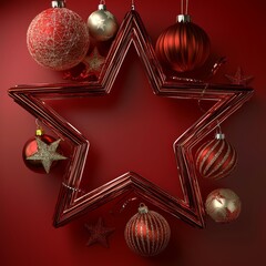 Leinwandbilder - An empty red star shape surrounded by Christmas decorations on a red background. An illustration of a mock-up of a Christmas scene.