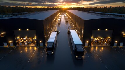 Poster - A top-down view of warehouse storage units, an industrial factory, or a logistics center. An aerial shot of industrial buildings during sunset.