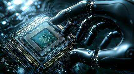Fototapete - A contemporary robot arm with high-tech features securely holds a supercomputer processor. An industrial robotic manipulator's end effector clutches a CPU chip.