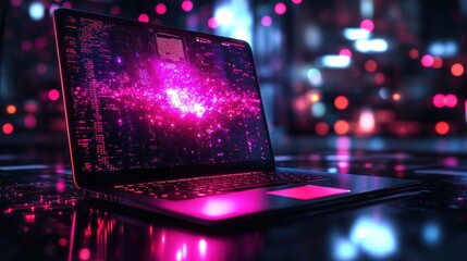 A laptop computer with a glowing screen displaying digital data.
