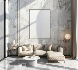 A modern living room interior with two brown armchairs. a coffee table. and a large blank canvas on a marble wall