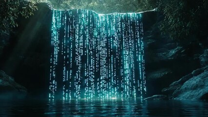 Seamless Looping Digital Waterfall with Glowing Matrix Effects