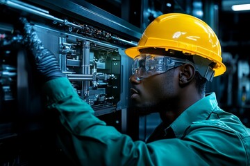 Aufkleber - Industrial engineers with hard hats are employed in a heavy industry manufacturing facility. A worker is seen indoors in a factory. The concept of safety first is highlighted.