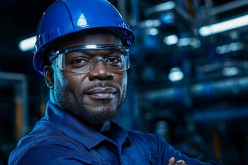 Aufkleber - In an industrial factory, a uniformed African American male engineer smiles and crosses his arms.