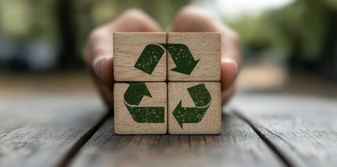 Aufkleber - Sustainable or environmental protection concept. Fingers hold wooden cube with sustainability, environment, green economy, renewable energy, CO2 emission, recycle icon on white background.