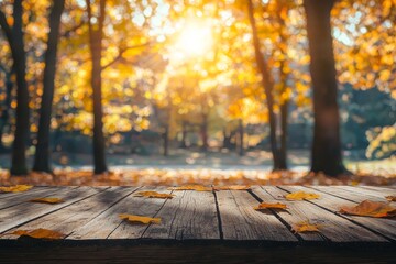 Fototapete - A wooden table with autumn leaves to display products with a country outdoor theme, template mockup for food or catering.