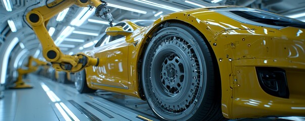 Poster - Picture of an auto assembly line. Welding the vehicle body. State-of-the-art car production facility. Automobile industry.