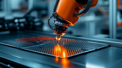 Aufkleber - A bright, modern factory features an orange industrial robot arm on the production line, assembling solar panels on a conveyor.