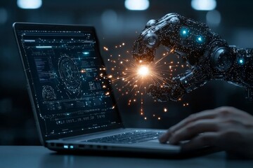 Aufkleber - The engineer oversees and regulates the automatic welding robotic arms in a smart factory with the help of monitoring system software. Digital manufacturing operation in the industry. Stock.
