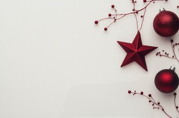 Wall Mural - Decorative red Christmas ornaments hanging on a light background for festive celebration