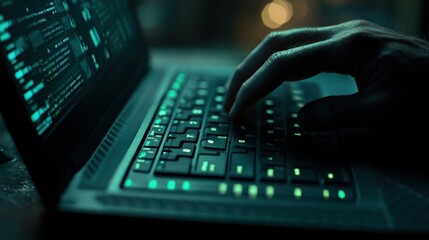 Close-up of hands typing on laptop keyboard with glowing keys and code on screen.