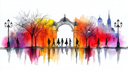 Wall Mural - A vibrant watercolor scene depicting silhouettes of people walking beneath trees, with an archway and city skyline in the background.