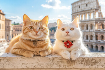 Happy couple in love,  white fluffy female cat and red male cat take a selfie against of the Colosseum in Rome, Italy.