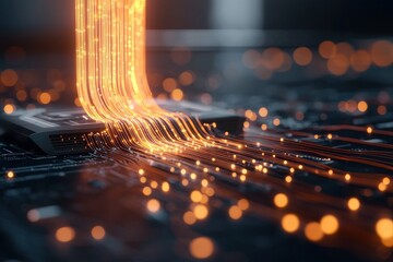 Wall Mural - flowing data lightning over a microchip in a future technology concept, representing innovative conn