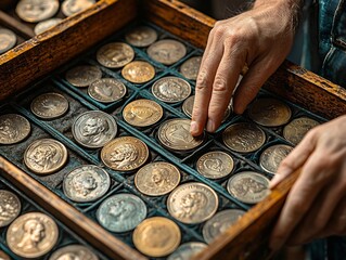 Merchant Selling Rare Antique Coins at Flea Market Organized Display Attracting Curious Collectors