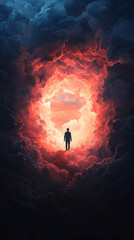 Wall Mural - surreal scene depicting figure standing in vibrant, swirling cloud formation, illuminated by shades of red and orange. atmosphere evokes sense of wonder and mystery