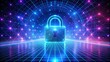 © ZZZ - Futuristic Digital Lock with Neon Glow and Grid Background Representing Cybersecurity, Protection, and Data Privacy in a Virtual Space Environment