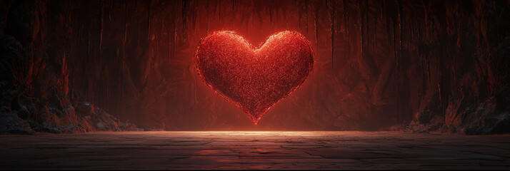 Canvas Print - glowing red heart made of sparkling crystals, suspended in dark cavern, evokes feelings of love and passion. warm light contrasts with surrounding shadows, creating captivating atmosphere