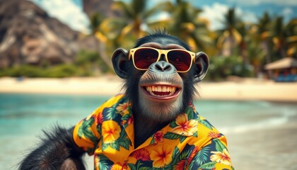 portrait illustration of a chimpanzee monkey wearing sunglasses and a hawaiian shirt enjoying vacation on a sunny tropical beach