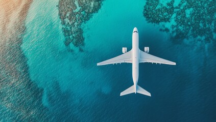 aerial view of airplane flying over vibrant blue and turquoise tropical waters