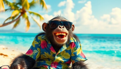 portrait illustration of a chimpanzee monkey wearing sunglasses and a hawaiian shirt enjoying vacation on a sunny tropical beach