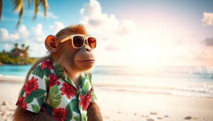 Wall Mural - portrait illustration of a chimpanzee monkey wearing sunglasses and a hawaiian shirt enjoying vacation on a sunny tropical beach