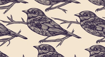 A seamless pattern featuring forest birds and tree branches..A continuous design incorporating forest birds and tree branches..A unified pattern that includes forest birds and tree branches..A smooth