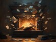 © pengzphoto - Whimsical reading adventure magical fireplace in a cozy library enchanting books floating amidst flames dreamy atmosphere creative imagination