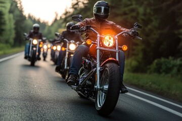 Group of motorcyclists riding together on a road, possibly on a tour or adventure