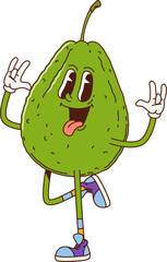 Poster - Cartoon retro groovy guava fruit character wearing sneakers and gesturing with a sticking tongue. Isolated vector cheerful, green tropical fruit personage with a wide smile, promotes healthy eating