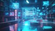 © ROY - A futuristic library with glowing blue and pink digital cubes floating above a table and books.