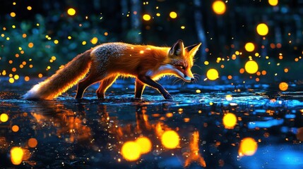 Wall Mural - Glowing Fox Reflecting in Tranquil Night Stream in Enchanted Forest