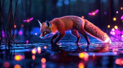 Wall Mural - Glowing Ethereal Forest Fox Reflecting in Tranquil Nighttime Waters