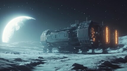 Wall Mural - A futuristic spaceship rests on a desolate lunar surface under a bright moon.