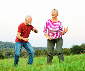 Wall Mural - woman man outdoor senior couple happy elderly training active exercise stretching fitness retirement