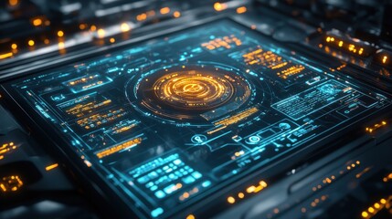 A futuristic technological interface with a central glowing circle and digital data.
